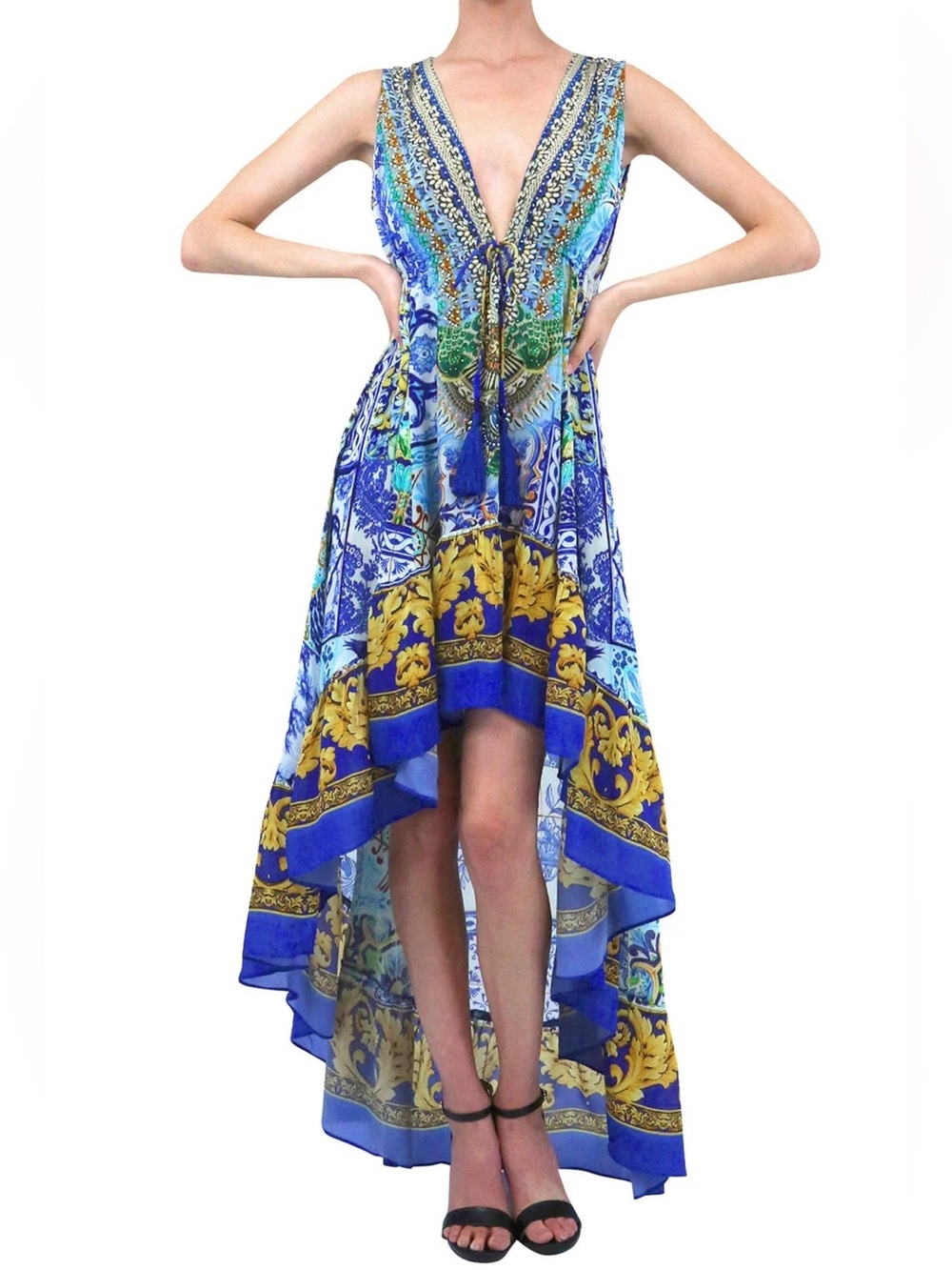 Shahida Parides NWT Viscose Silk Crepe High Low Ruffle Embellished Dress - M/L